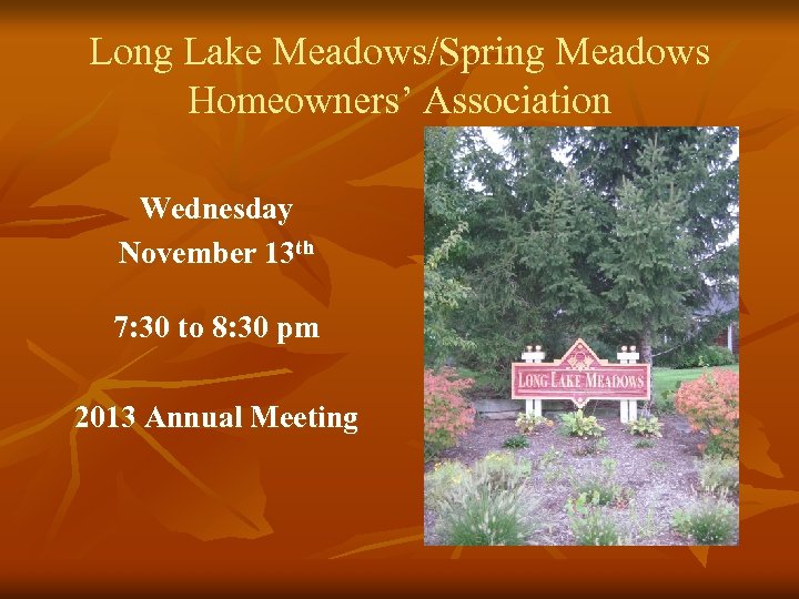 Long Lake Meadows/Spring Meadows Homeowners’ Association Wednesday November 13 th 7: 30 to 8: