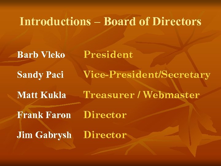 Introductions – Board of Directors Barb Vleko President Sandy Paci Vice-President/Secretary Matt Kukla Treasurer