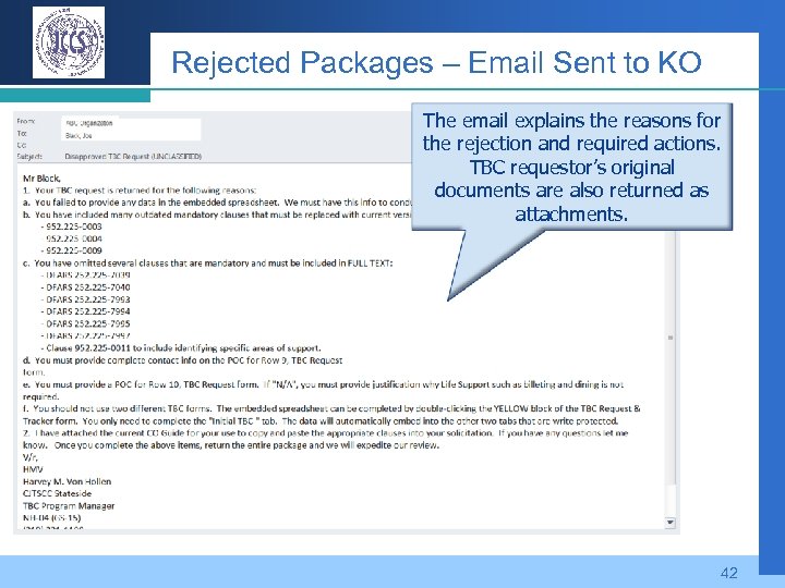 Rejected Packages – Email Sent to KO The email explains the reasons for the