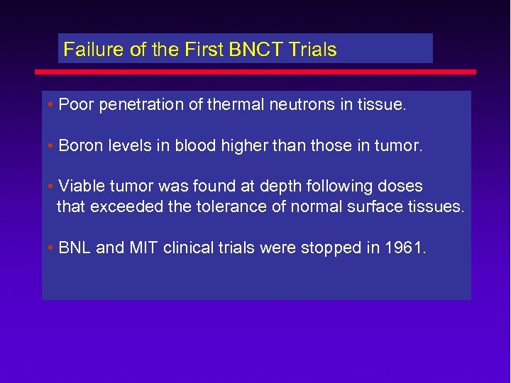 Failure of the First BNCT Trials • Poor penetration of thermal neutrons in tissue.