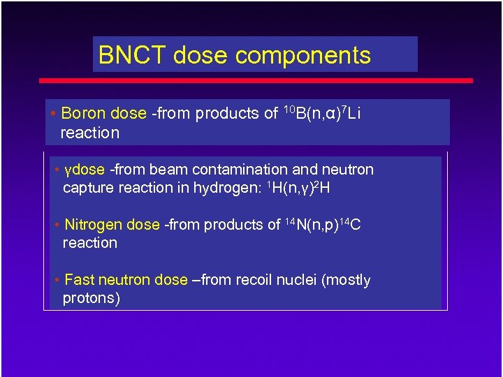 BNCT dose components • Boron dose -from products of 10 B(n, α)7 Li reaction