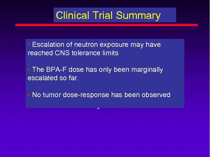 Clinical Trial Summary • Escalation of neutron exposure may have reached CNS tolerance limits