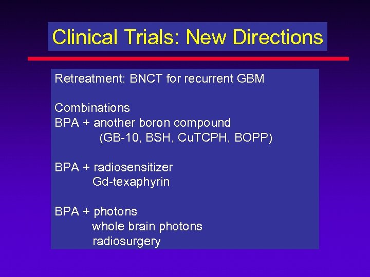 Clinical Trials: New Directions Retreatment: BNCT for recurrent GBM Combinations BPA + another boron