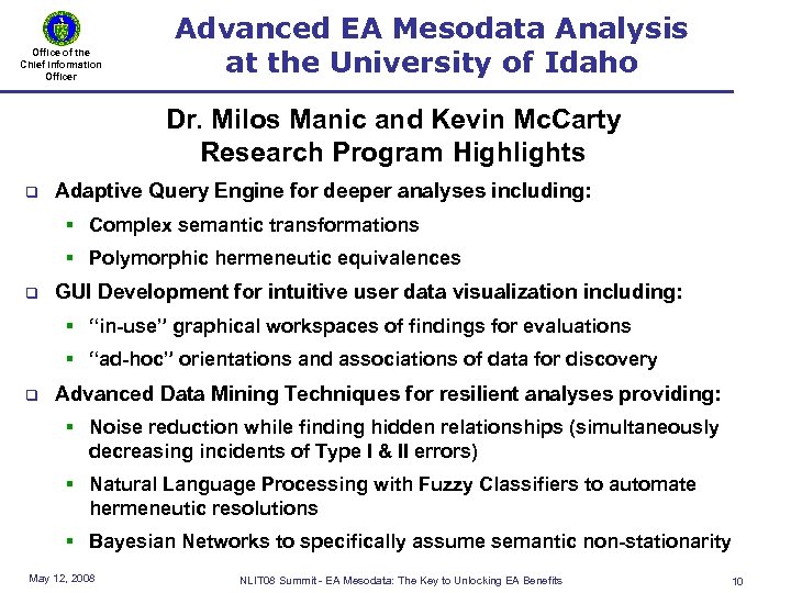 Office of the Chief Information Officer Advanced EA Mesodata Analysis at the University of