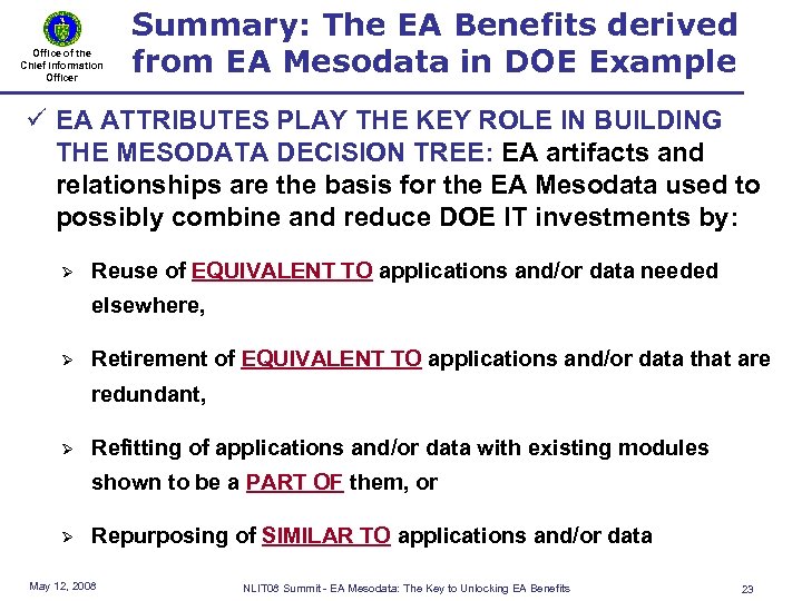 Office of the Chief Information Officer Summary: The EA Benefits derived from EA Mesodata