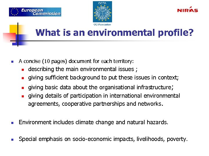 What is an environmental profile? n A concise (10 pages) document for each territory: