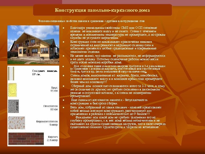 Конструкция панельно-каркасного дома Теплоизоляционные свойства панели в сравнении с другими конструкциями стен n n
