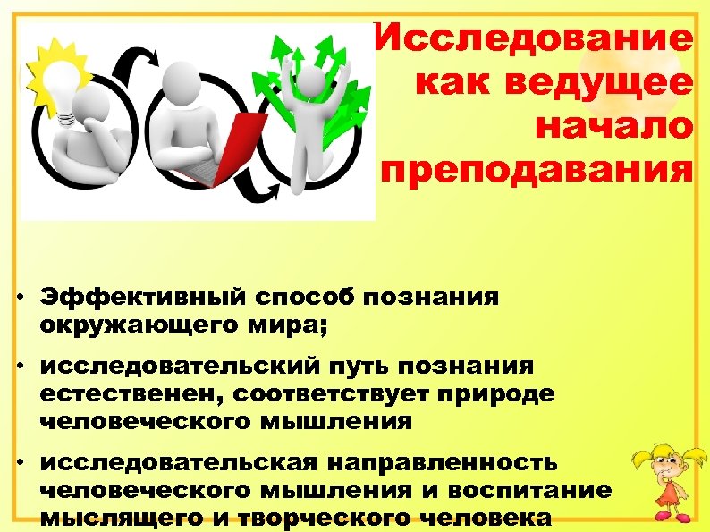 Исследование как ведущее начало преподавания • Эффективный способ познания окружающего мира; • исследовательский путь