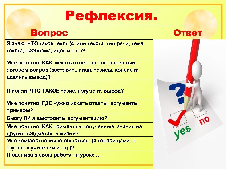 Рефлексия. Вопрос Я знаю, ЧТО такое текст (стиль текста, тип речи, тема текста, проблема,