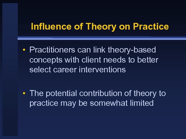 Influence of Theory on Practice • Practitioners can link theory-based concepts with client needs