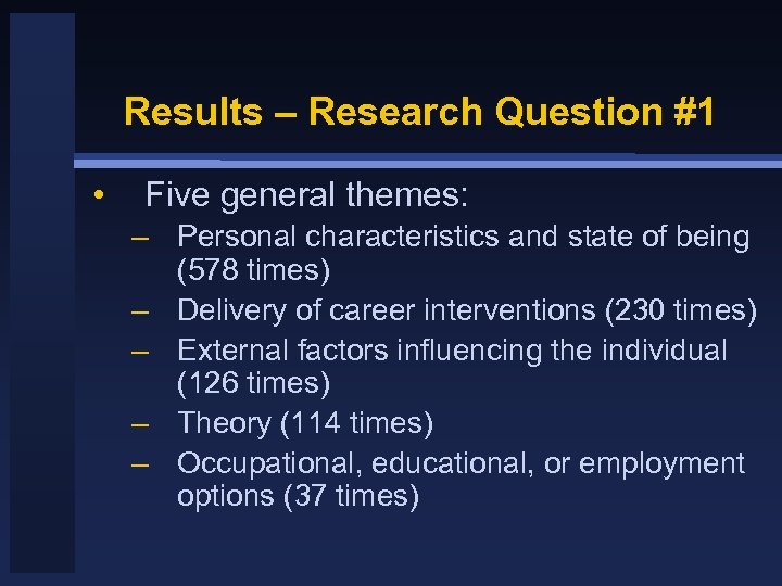Results – Research Question #1 • Five general themes: – Personal characteristics and state