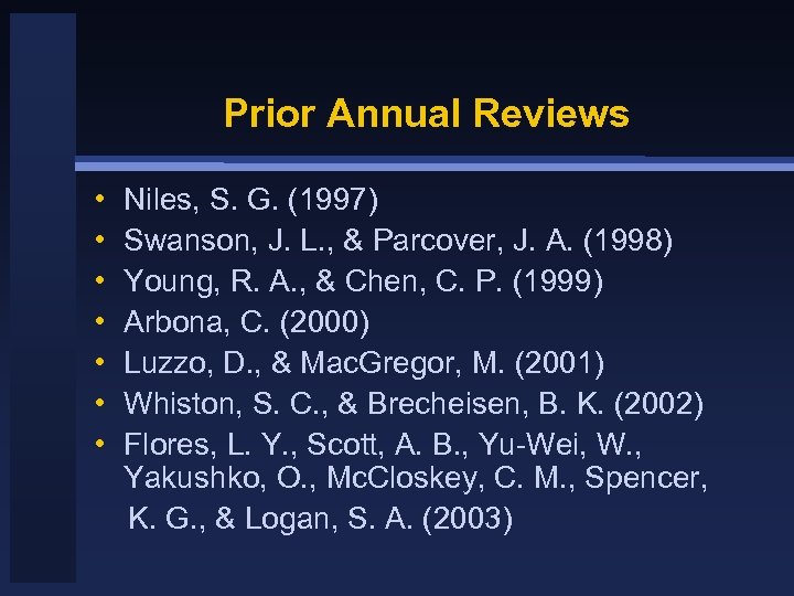 Prior Annual Reviews • • Niles, S. G. (1997) Swanson, J. L. , &