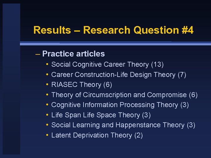 Results – Research Question #4 – Practice articles • • Social Cognitive Career Theory