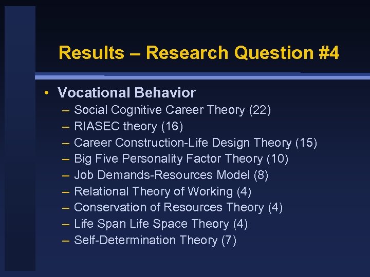 Results – Research Question #4 • Vocational Behavior – – – – – Social