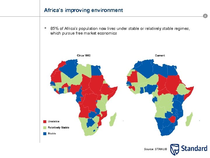 Africa’s improving environment 8 § 85% of Africa’s population now lives under stable or