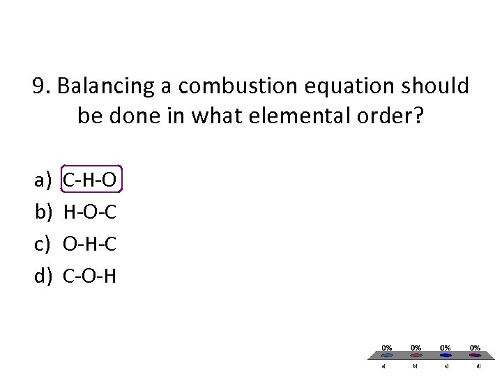 9. Balancing a combustion equation should be done in what elemental order? a) b)