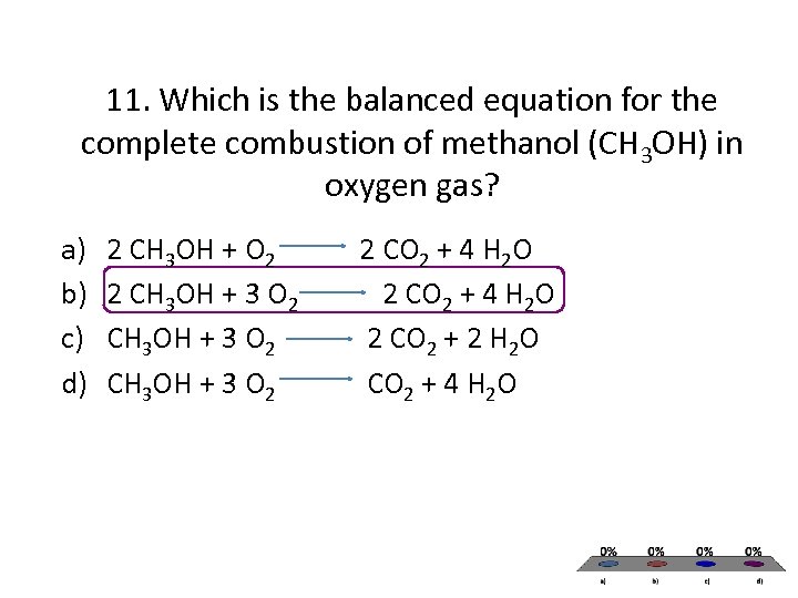 11. Which is the balanced equation for the complete combustion of methanol (CH 3