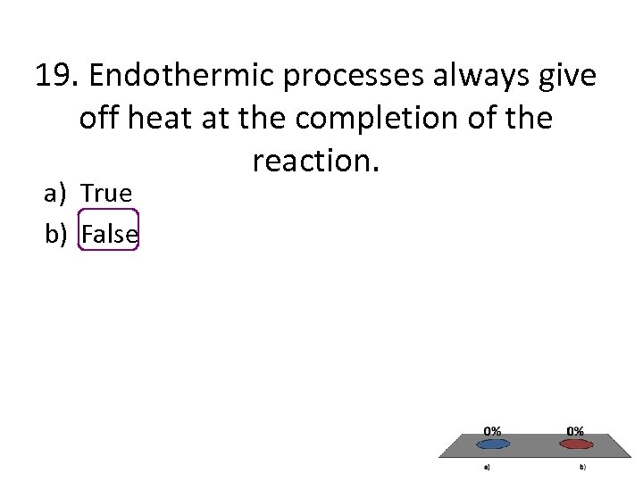 19. Endothermic processes always give off heat at the completion of the reaction. a)