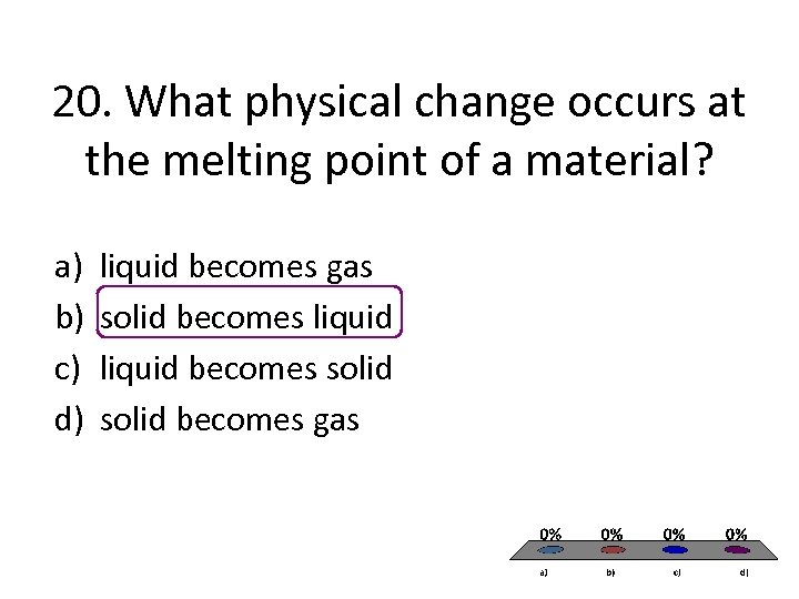 20. What physical change occurs at the melting point of a material? a) b)