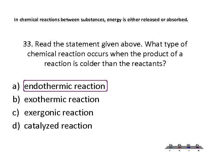 In chemical reactions between substances, energy is either released or absorbed. 33. Read the