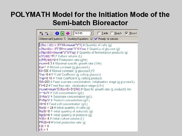 POLYMATH Model for the Initiation Mode of the Semi-batch Bioreactor 