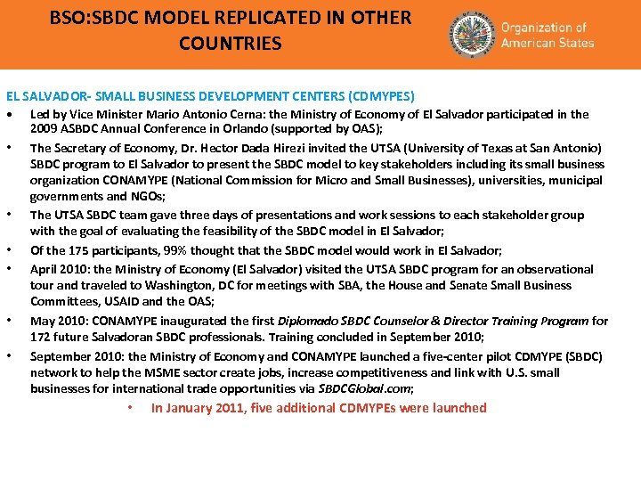 BSO: SBDC MODEL REPLICATED IN OTHER COUNTRIES EL SALVADOR- SMALL BUSINESS DEVELOPMENT CENTERS (CDMYPES)