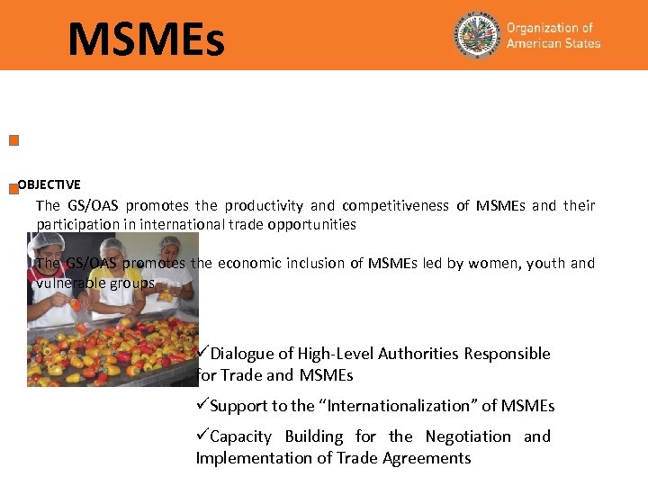 MSMEs OBJECTIVE The GS/OAS promotes the productivity and competitiveness of MSMEs and their participation