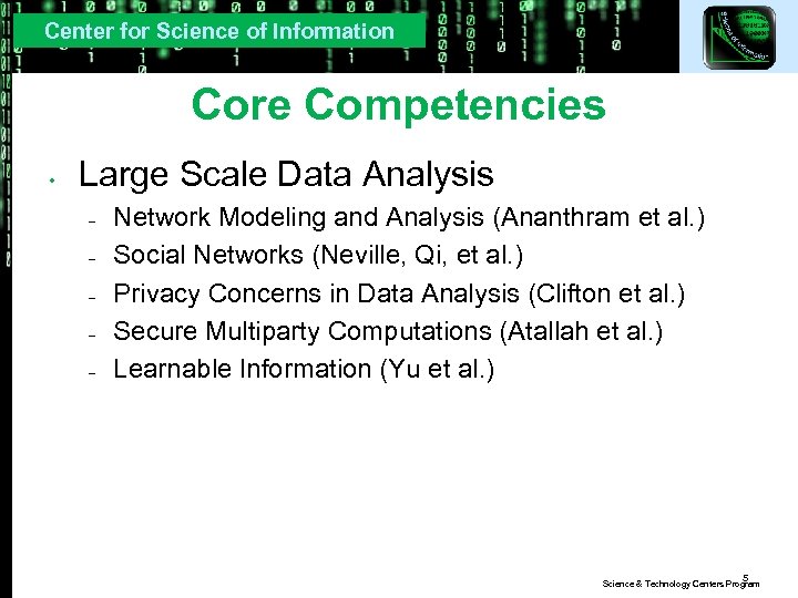 Center for Science of Information Core Competencies • Large Scale Data Analysis – –