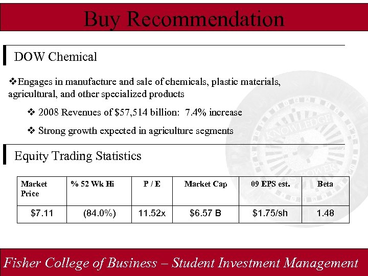 Buy Recommendation DOW Chemical v. Engages in manufacture and sale of chemicals, plastic materials,