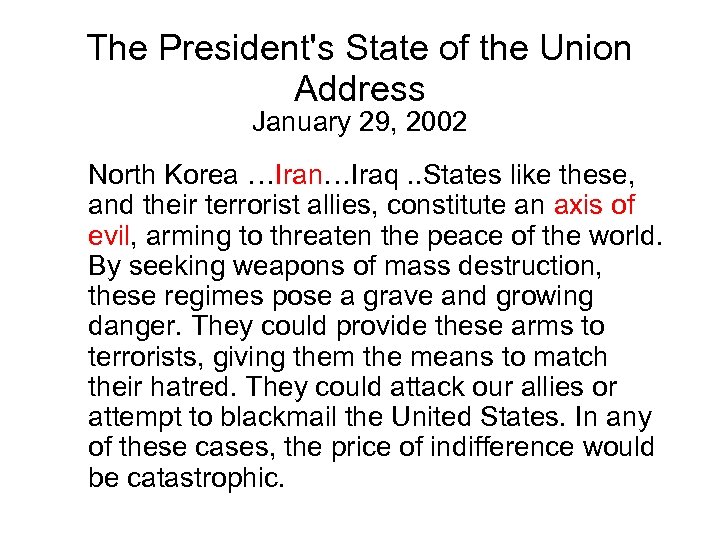 The President's State of the Union Address January 29, 2002 North Korea …Iran…Iraq. .