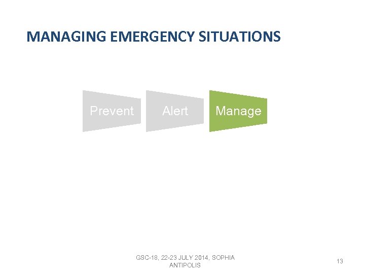 MANAGING EMERGENCY SITUATIONS Prevent Alert Manage GSC-18, 22 -23 JULY 2014, SOPHIA ANTIPOLIS 13