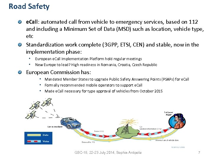 Road Safety e. Call: automated call from vehicle to emergency services, based on 112