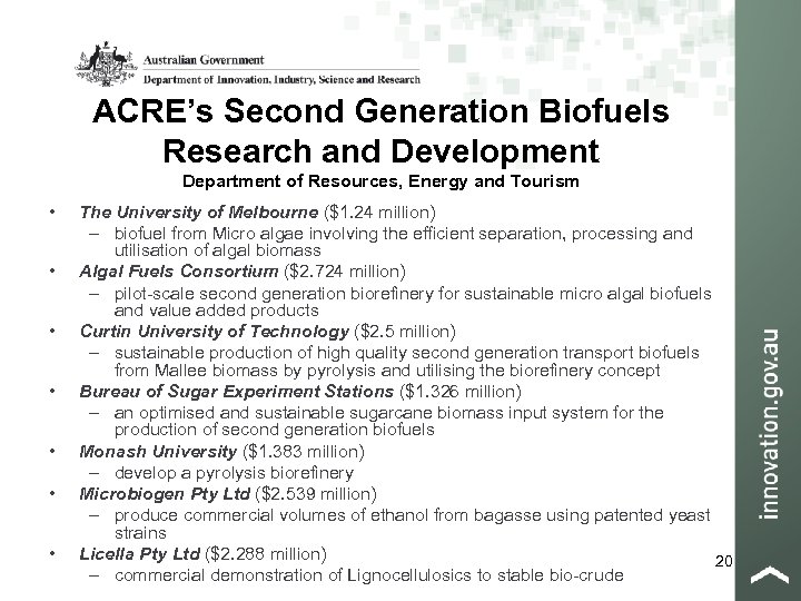 ACRE’s Second Generation Biofuels Research and Development Department of Resources, Energy and Tourism •