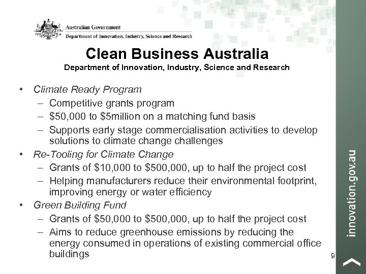 Clean Business Australia Department of Innovation, Industry, Science and Research • Climate Ready Program