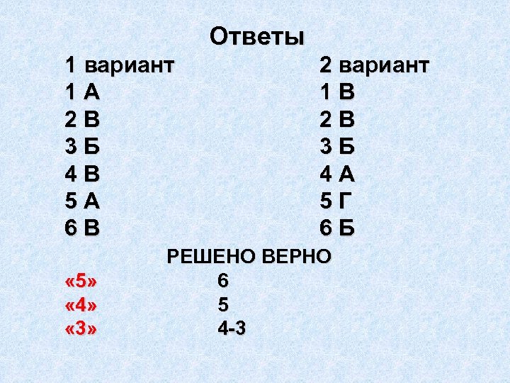 Ответы 1 вариант 1 А 2 В 3 Б 4 В 5 А 6