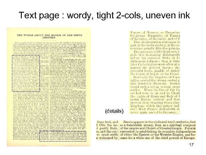 Text page : wordy, tight 2 -cols, uneven ink (details) 17 