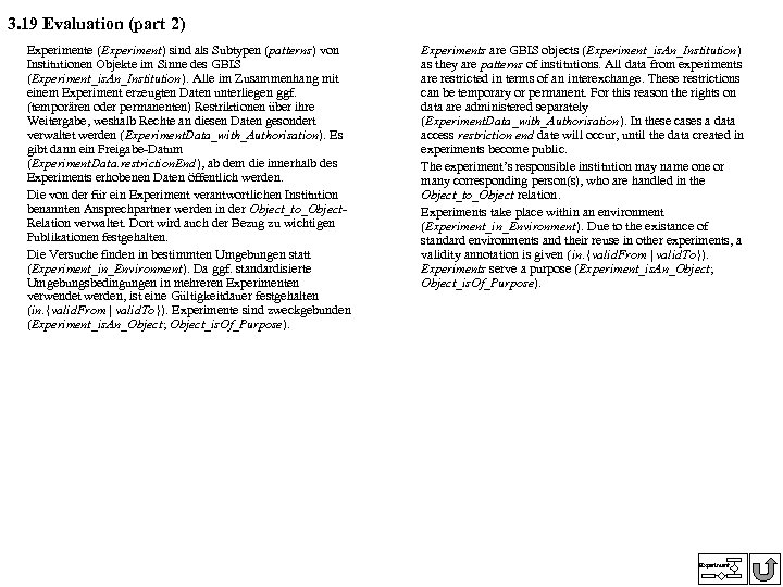 3. 19 Evaluation (part 2) Experimente (Experiment) sind als Subtypen (patterns) von Institutionen Objekte