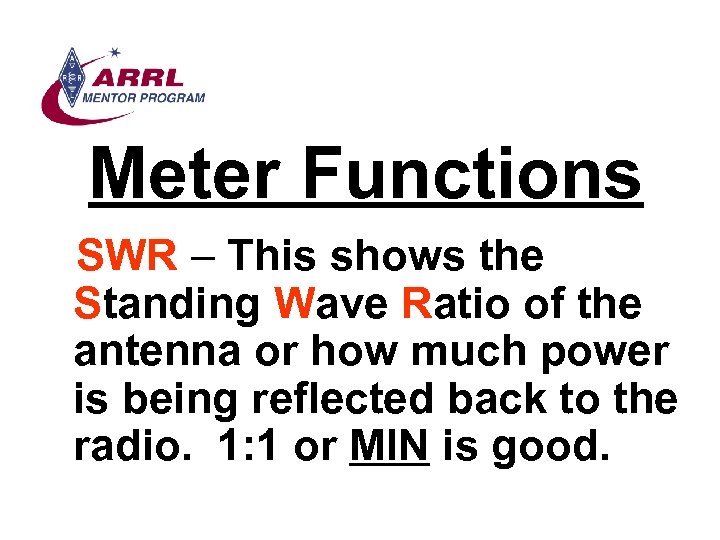 Meter Functions SWR – This shows the Standing Wave Ratio of the antenna or