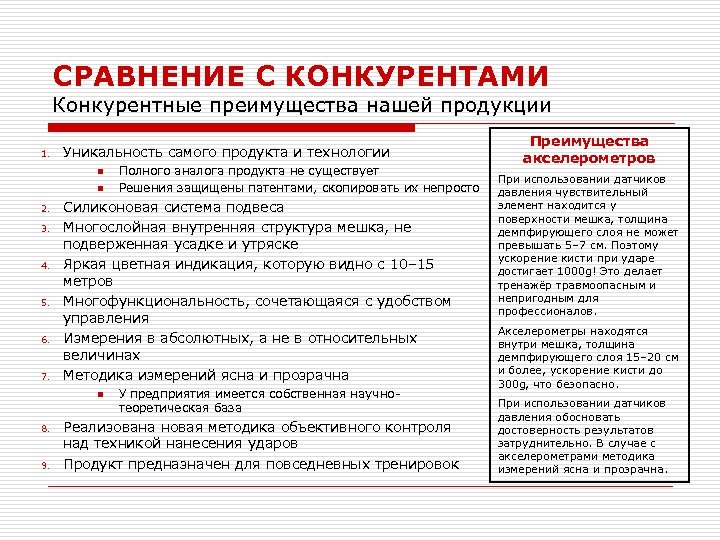 СРАВНЕНИЕ С КОНКУРЕНТАМИ Конкурентные преимущества нашей продукции 1. Уникальность самого продукта и технологии n