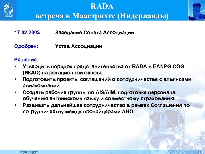 RADA встреча в Маастрихте (Нидерланды) 17. 02. 2003 Заседание Совета Ассоциации Одобрен: Устав Ассоциации