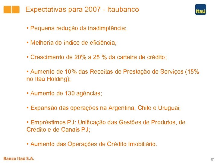 Expectativas para 2007 - Itaubanco • Pequena redução da inadimplência; • Melhoria do índice