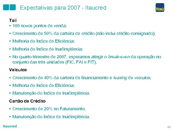 Expectativas para 2007 - Itaucred Taií • 100 novos pontos de venda; • Crescimento