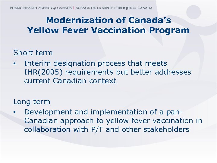 Modernization of Canada’s Yellow Fever Vaccination Program Short term • Interim designation process that