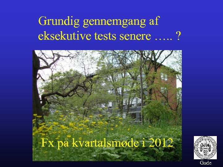 Grundig gennemgang af eksekutive tests senere …. . ? Fx på kvartalsmøde i 2012