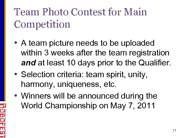 Team Photo Contest for Main Competition • A team picture needs to be uploaded