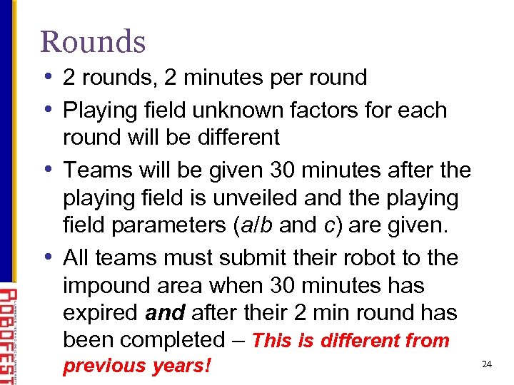 Rounds • 2 rounds, 2 minutes per round • Playing field unknown factors for