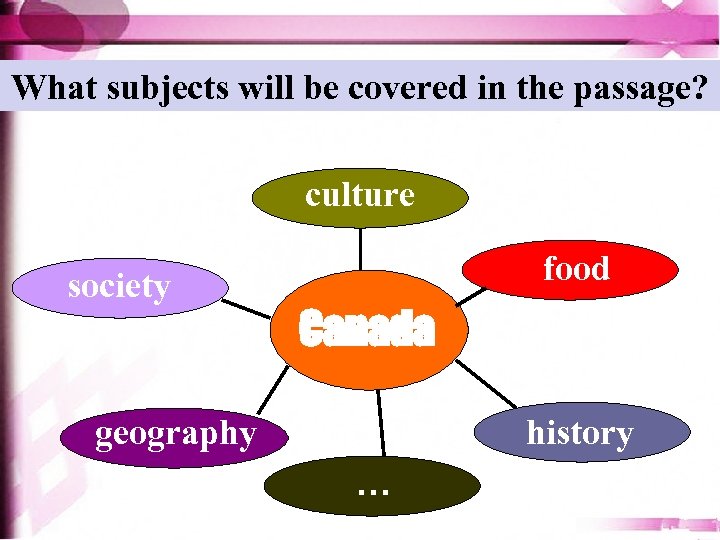 What subjects will be covered in the passage? culture society food Canada geography history
