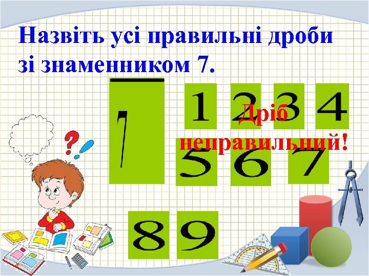 Назвіть усі правильні дроби зі знаменником 7. Дріб неправильний! 