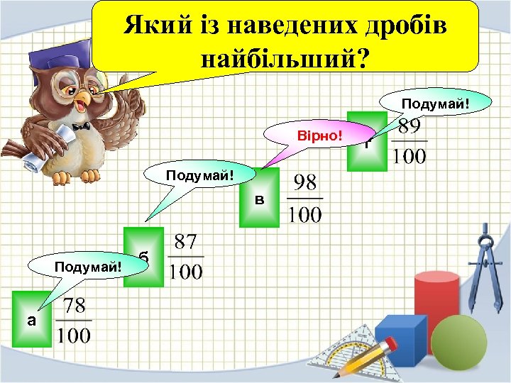 Який із наведених дробів найбільший? Подумай! Вірно! Подумай! в Подумай! а б г 