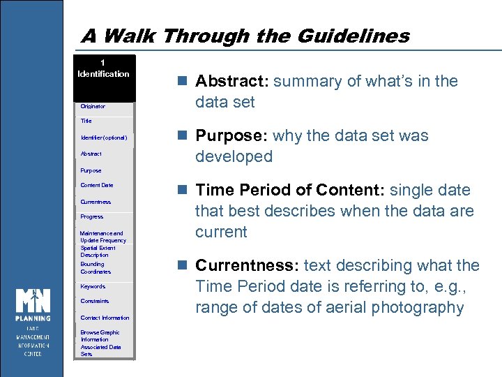 A Walk Through the Guidelines 1 Identification Originator n Abstract: summary of what’s in